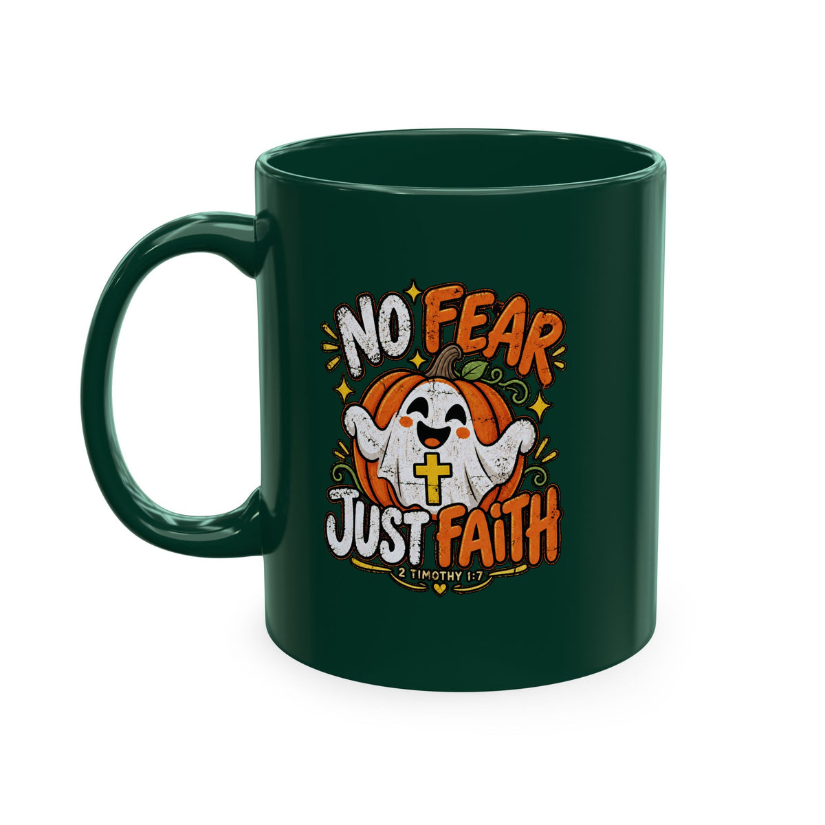 Halloween Ghost Christian Ceramic Mug — "No Fear, Just Faith" Pumpkin Coffee Cup