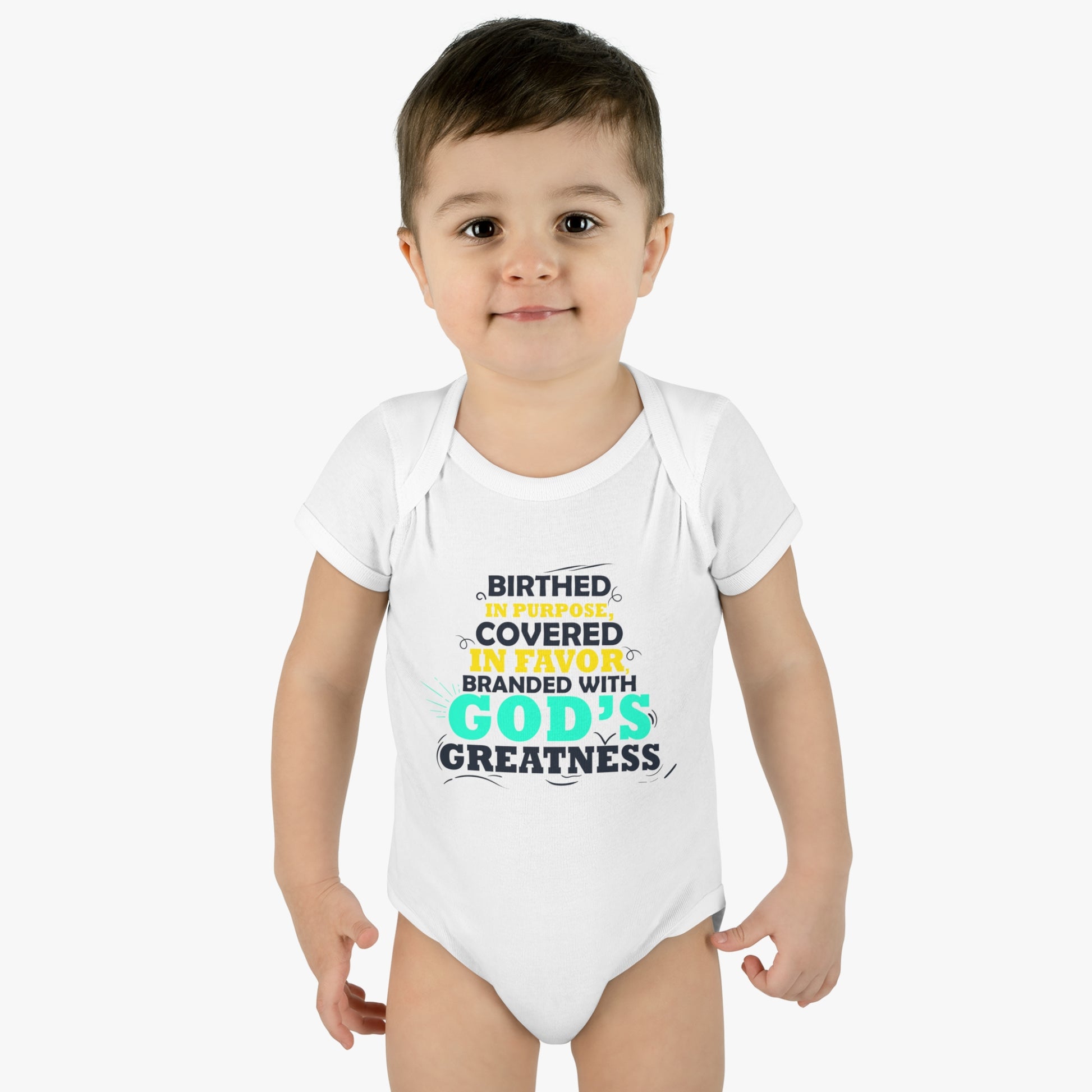 Birthed In Purpose Covered In Favor Branded With God's Greatness Christian Baby Onesie Printify
