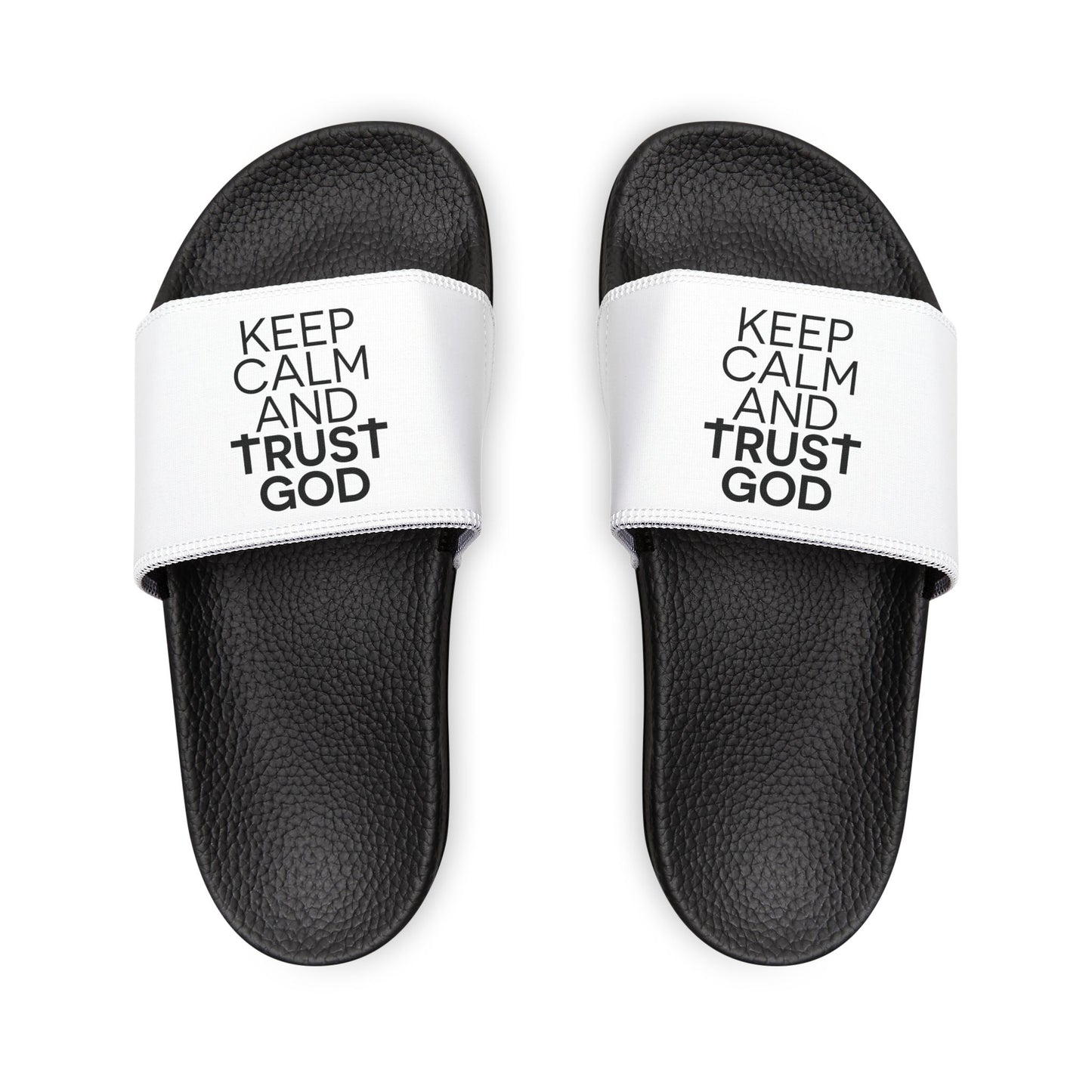 Comfortable Youth Sandals, Keep Calm and Trust Him Slides, Summer Footwear, Kids Casual Sandals, Faith - Inspired Summer Slides - ClaimedbyGodDesigns