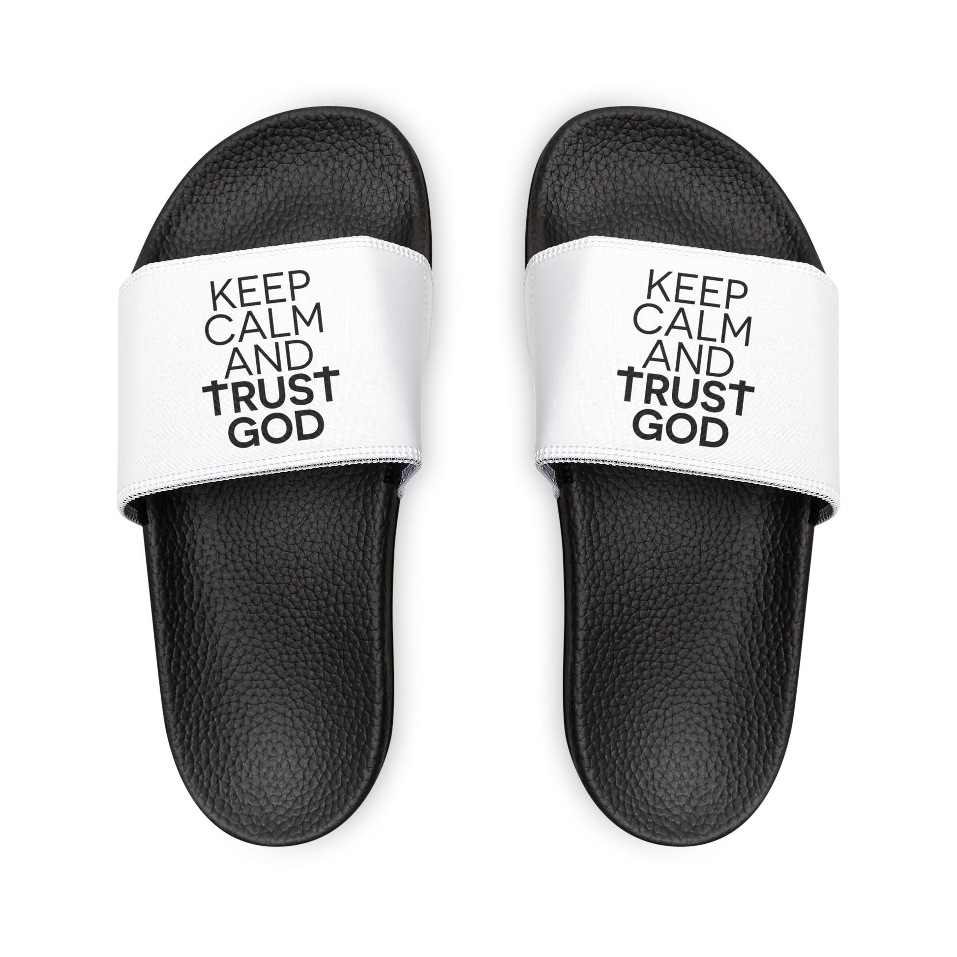 Comfortable Youth Sandals, Keep Calm and Trust Him Slides, Summer Footwear, Kids Casual Sandals, Faith - Inspired Summer Slides - ClaimedbyGodDesigns