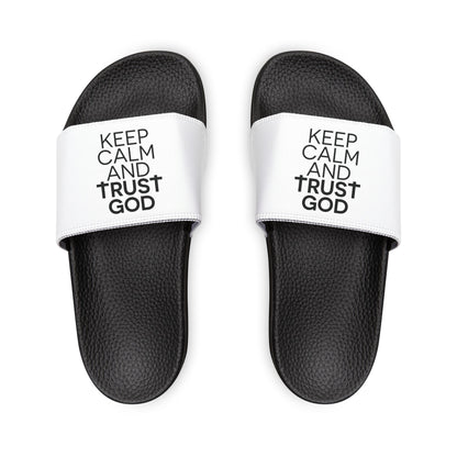 Comfortable Youth Sandals, Keep Calm and Trust Him Slides, Summer Footwear, Kids Casual Sandals, Faith - Inspired Summer Slides - ClaimedbyGodDesigns