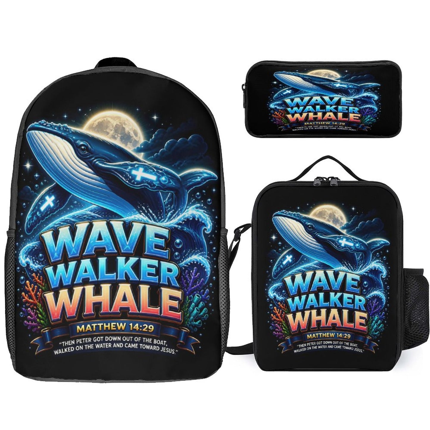 Wave Walker Whale Christian 3 PCS Bag Set (Backpack, Lunch Bag and Pencil Case) - ClaimedbyGodDesigns