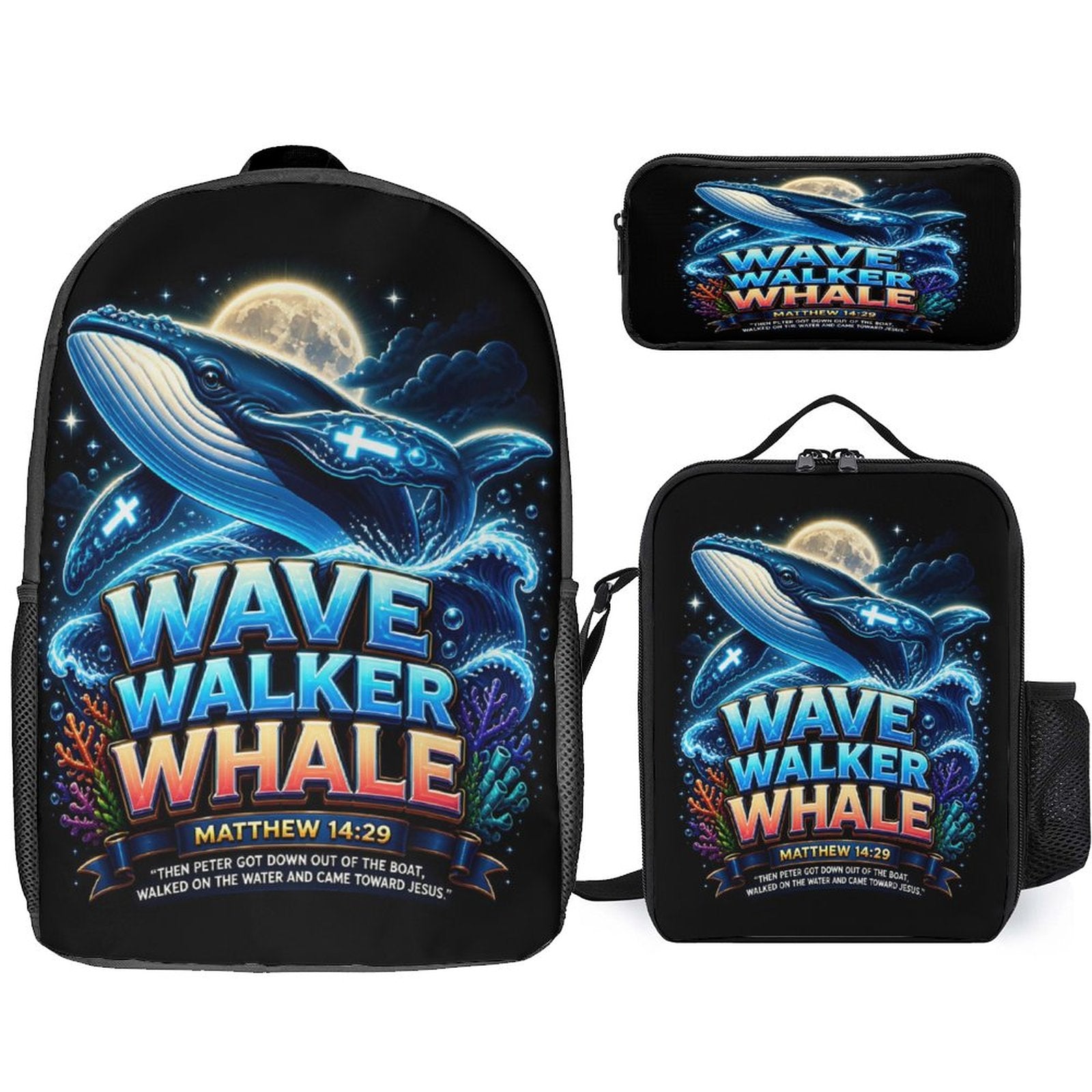 Wave Walker Whale Christian 3 PCS Bag Set (Backpack, Lunch Bag and Pencil Case) - ClaimedbyGodDesigns