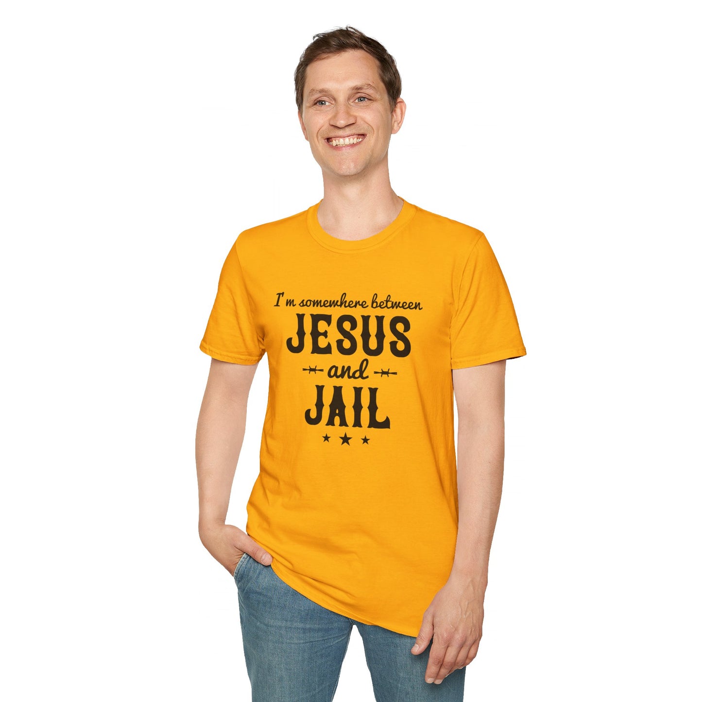 I'm Somewhere Between Jesus And Jail Funny Unisex Christian T-shirt