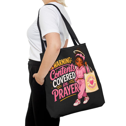 Tote Bag — "Warning: Contents Covered in Prayer" Pink Faith Tote - ClaimedbyGodDesigns