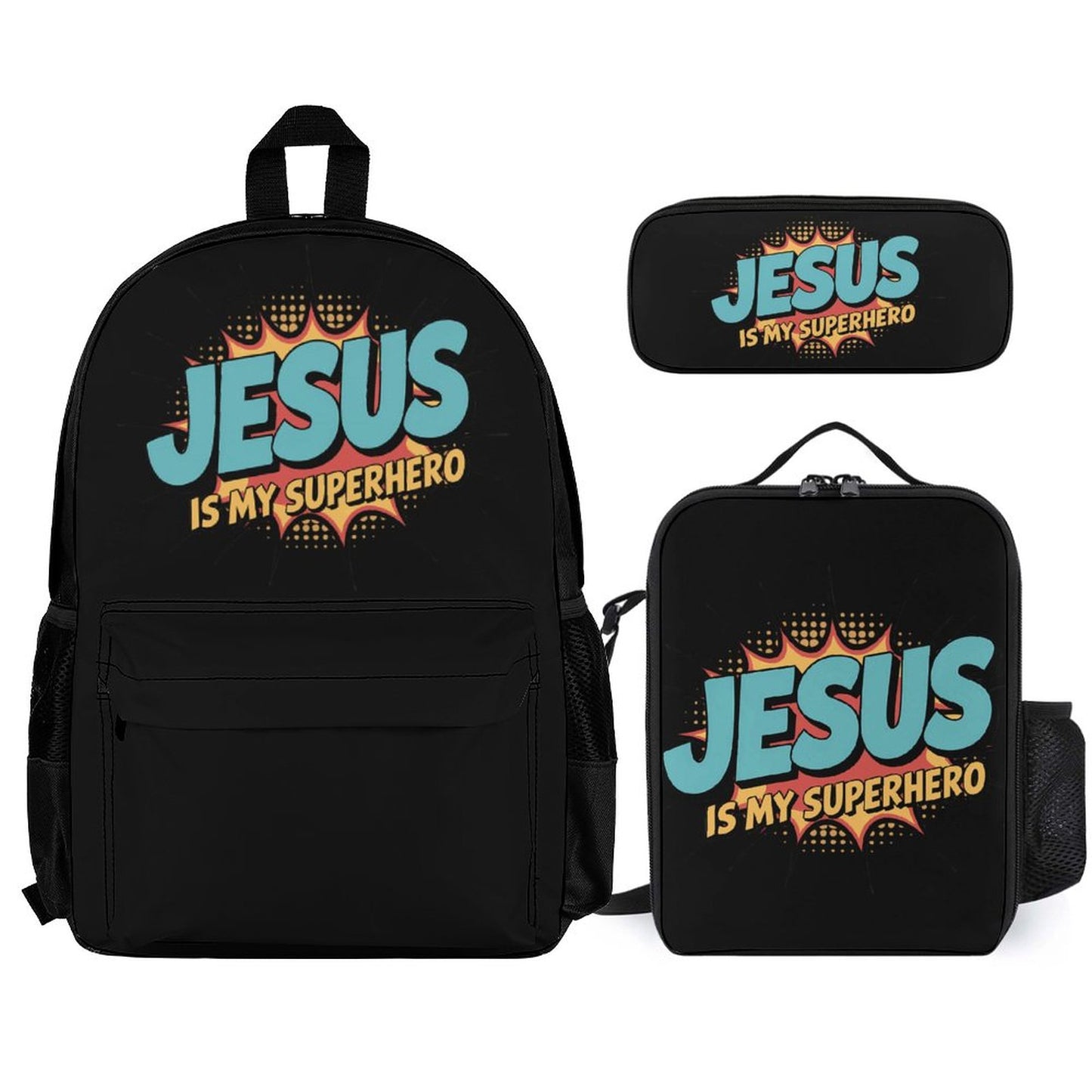 He Is My Superhero Christian Backpack Set of 3 Bags (Shoulder Bag Lunch Bag & Pencil Pouch)