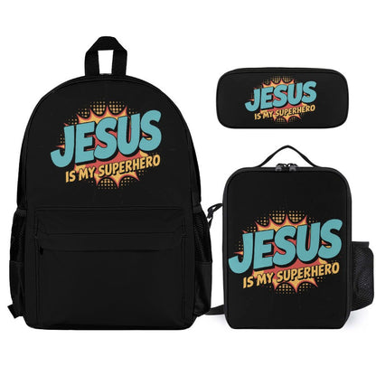 He Is My Superhero Christian Backpack Set of 3 Bags (Shoulder Bag Lunch Bag & Pencil Pouch)