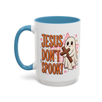 Accent Coffee Mug — "Jesus Don't Spook!" Cute Ghost Christian Coffee Mug (11/15oz)