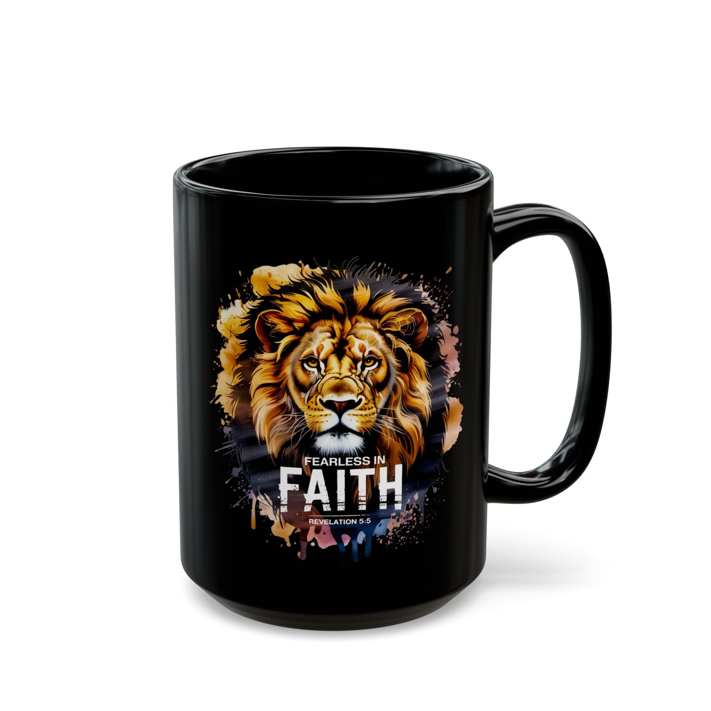 Fearless in Faith Lion Black Ceramic Mug - 11oz & 15oz - Inspirational Ceramic Coffee Cup