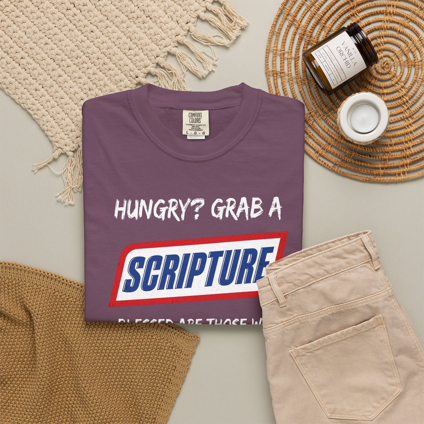 Scripture Snack T-Shirt — "Hungry? Grab a Scripture" Matthew 5:6 Christian Tee