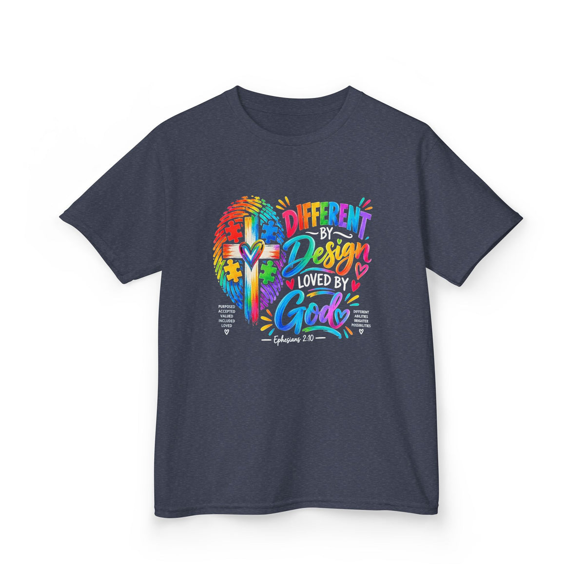 Youth Autism Awareness T-Shirt — "Different by Design, Loved by God" Colorful Cross Tee