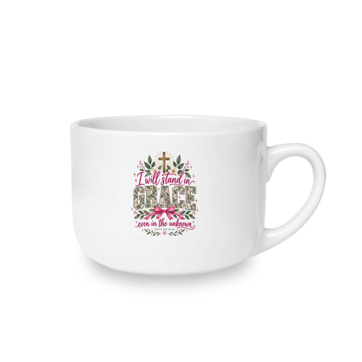 25oz Ceramic Latte Mug — Floral Leopard Accent with Message: “I will stand in grace even in the unknown”