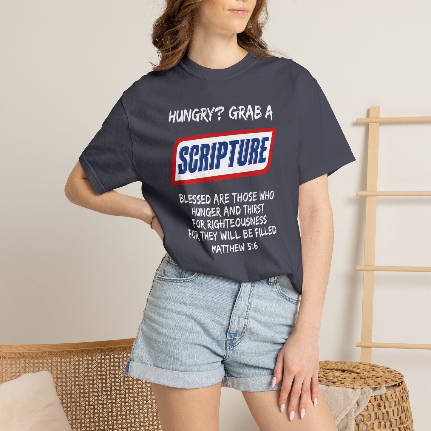Scripture Snack T-Shirt — "Hungry? Grab a Scripture" Matthew 5:6 Christian Tee