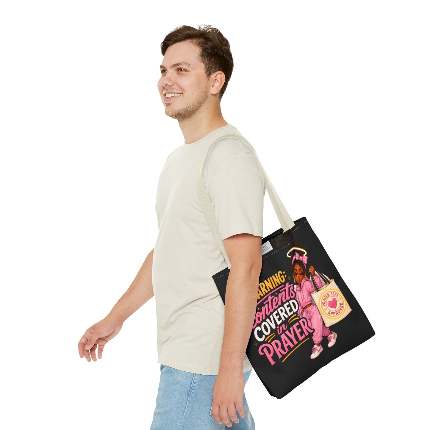 Tote Bag — "Warning: Contents Covered in Prayer" Pink Faith Tote - ClaimedbyGodDesigns