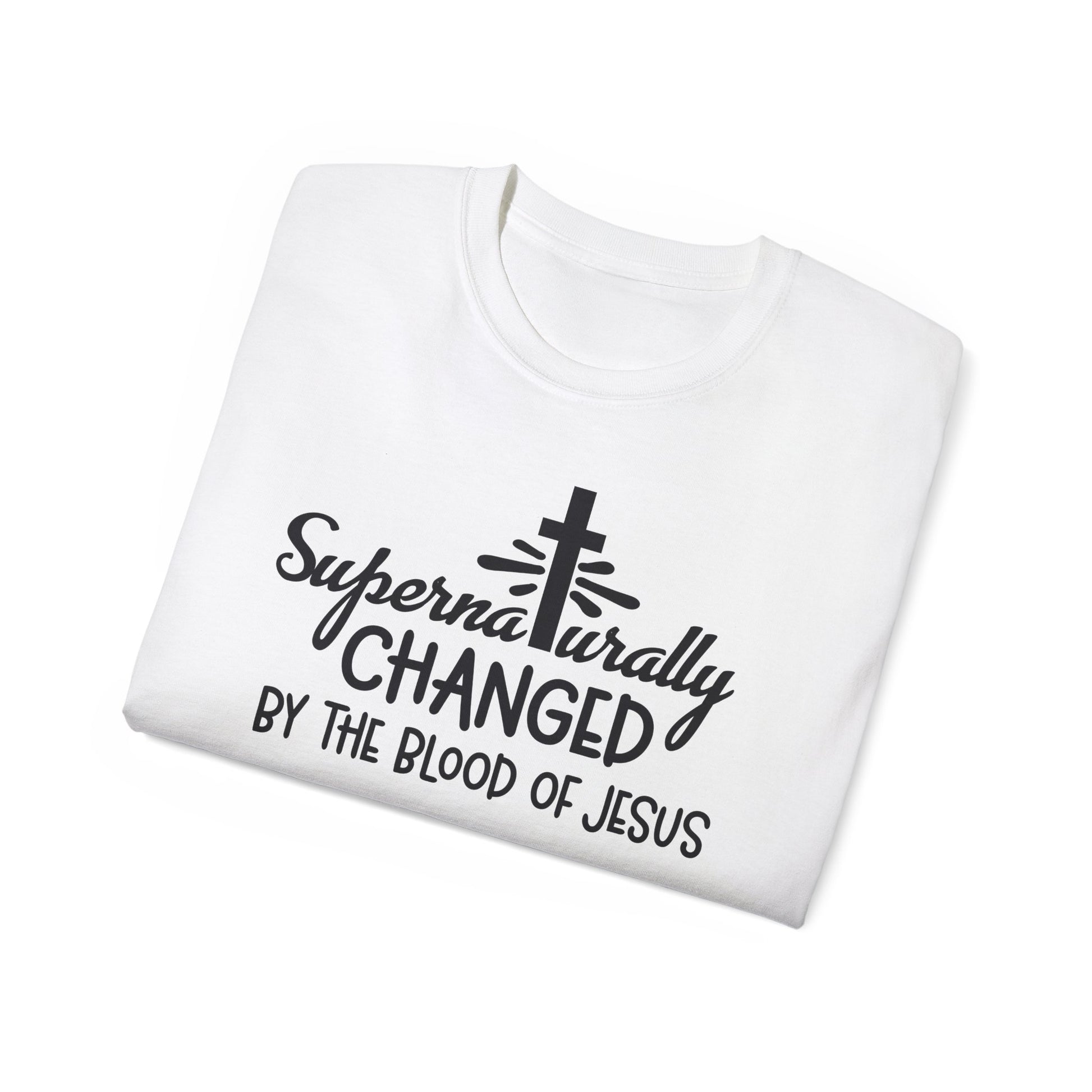 SUPERNATURALLY CHANGED BY THE BLOOD OF JESUS Unisex Christian Ultra Cotton Tee Printify