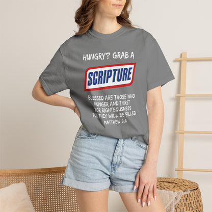 Scripture Snack T-Shirt — "Hungry? Grab a Scripture" Matthew 5:6 Christian Tee