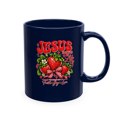 Ceramic Mug — "Jesus Sweetens My Life" Strawberry Faith Coffee Cup