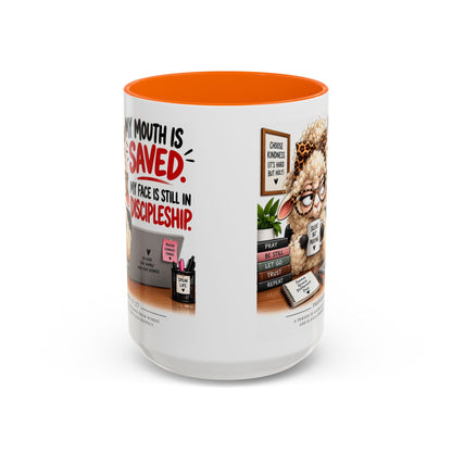 Saved & Sassy Sheep Coffee Mug — "My Mouth Is Saved, My Face Is Still In Discipleship" Accent Mug