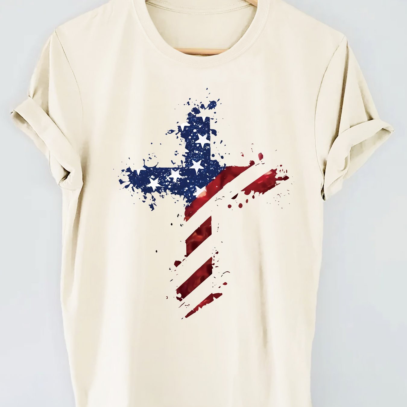 Patriotic American Flag Cross Women's Christian T-shirt claimedbygoddesigns