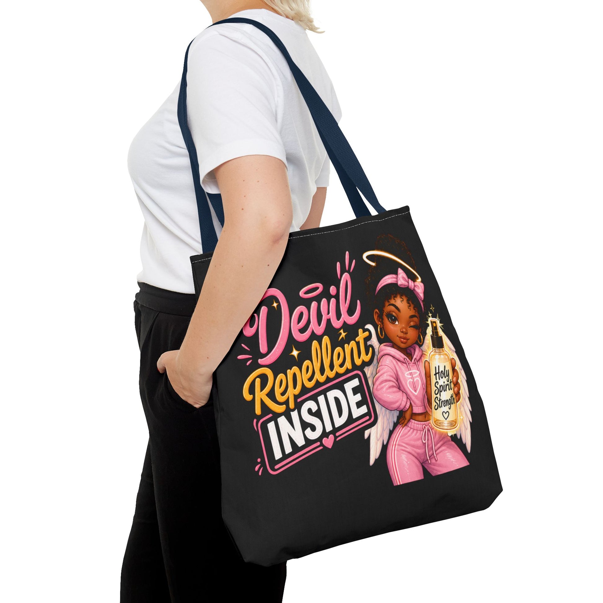 Tote Bag - "Devil Repellent Inside" Angel Girl Graphic Tote | Cute Protective Faith Gift - ClaimedbyGodDesigns