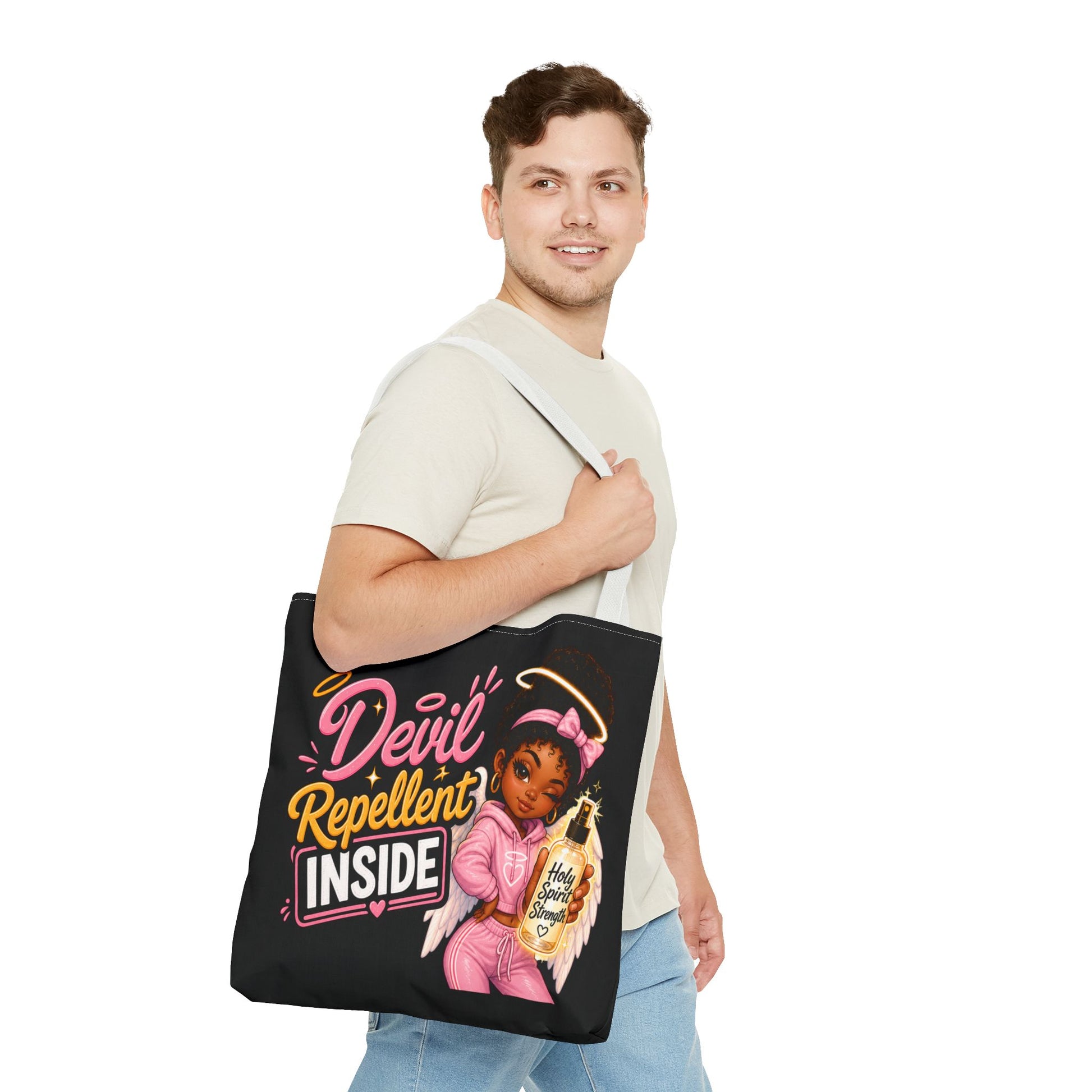 Tote Bag - "Devil Repellent Inside" Angel Girl Graphic Tote | Cute Protective Faith Gift - ClaimedbyGodDesigns
