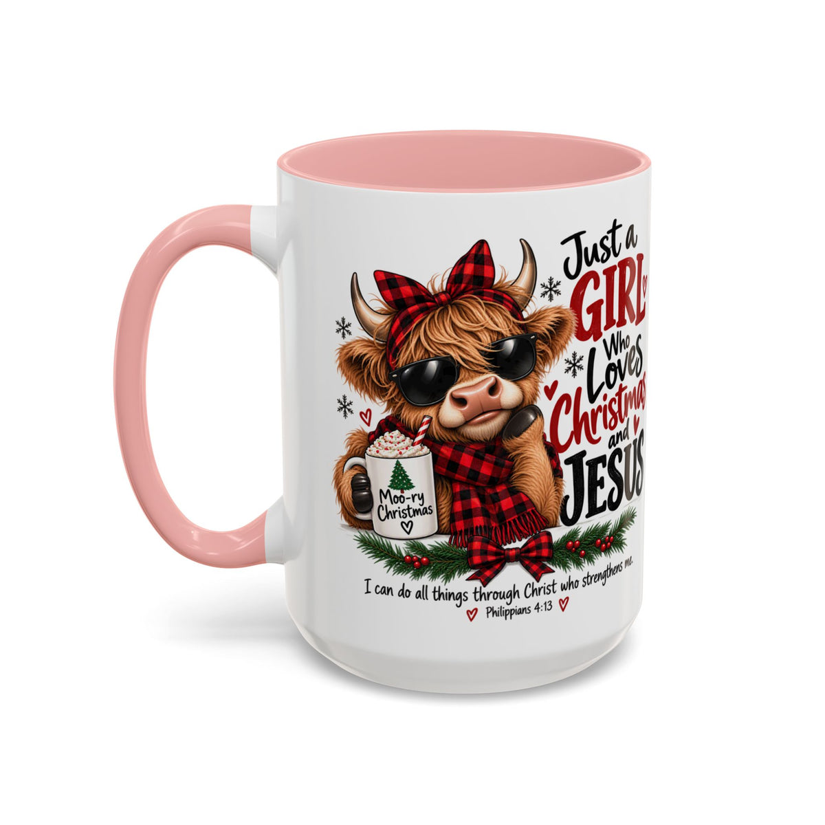 Just a Girl Who Loves Christmas and Jesus Highland Cow Coffee Mug