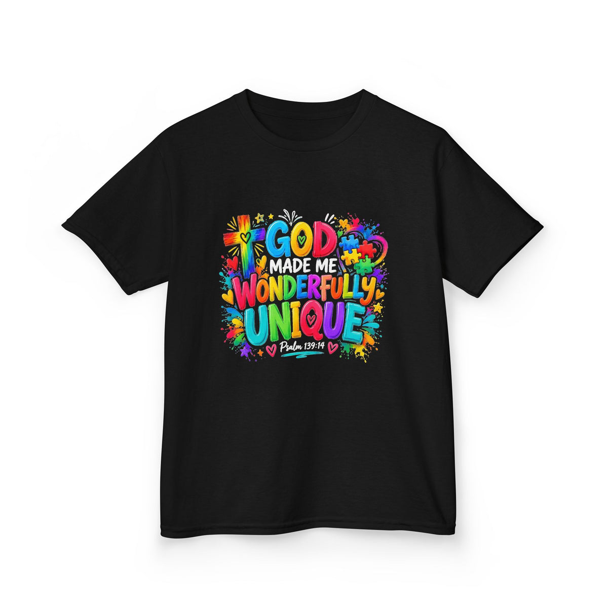 Youth Autism Awareness T-Shirt — "God Made Me Wonderfully Unique" Colorful Faith Tee