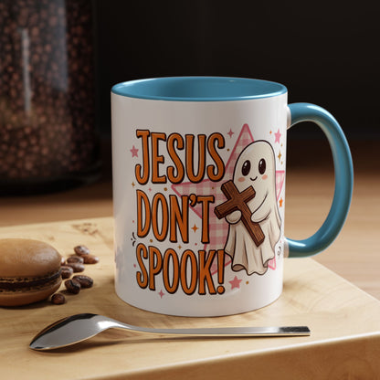 Accent Coffee Mug — "Jesus Don't Spook!" Cute Ghost Christian Coffee Mug (11/15oz)