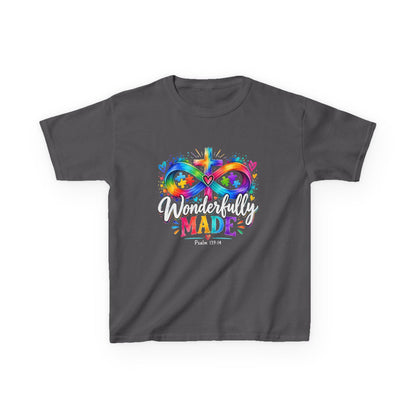 Youth autism awareness t-shirt with rainbow infinity heart