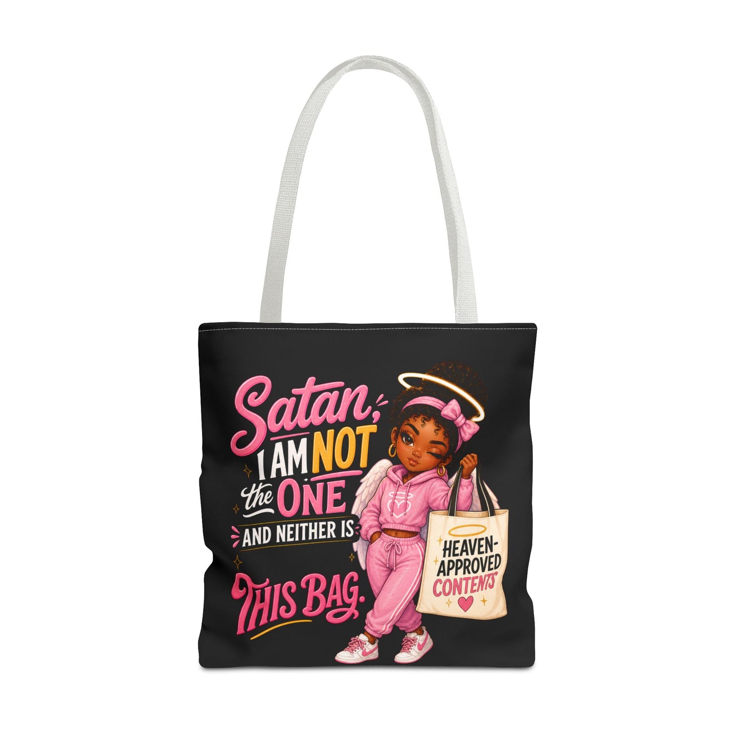 Tote Bag — "Satan I Am Not The One" Retro Angel Girl Tote (Heaven Approved Content) - ClaimedbyGodDesigns