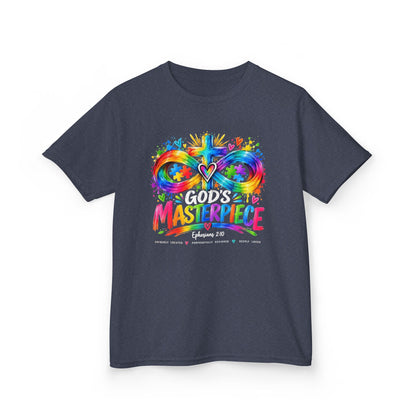 Youth Autism Awareness T-Shirt — "God's Masterpiece" Colorful Heart & Infinity Tee