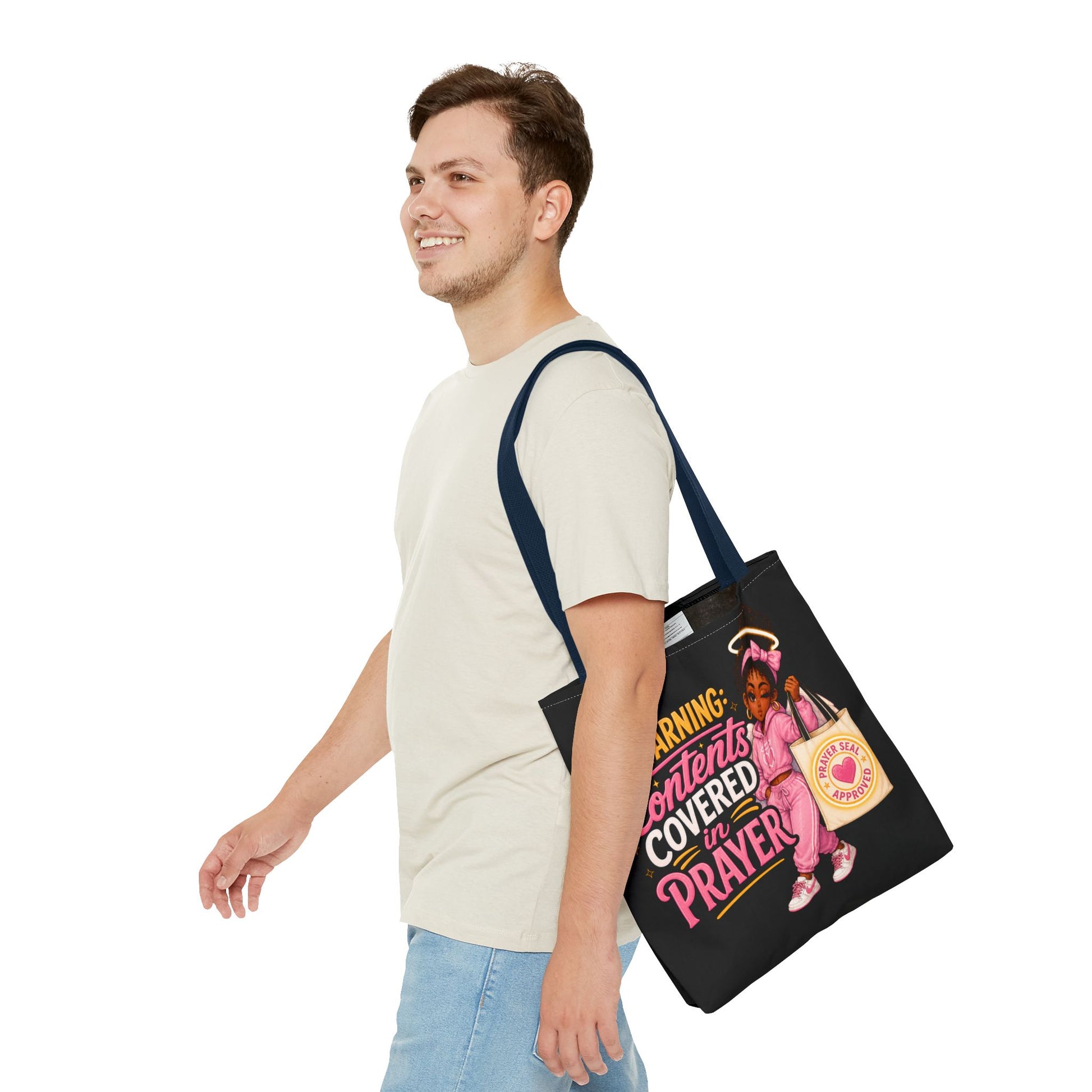 Tote Bag — "Warning: Contents Covered in Prayer" Pink Faith Tote - ClaimedbyGodDesigns