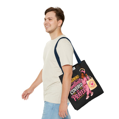 Tote Bag — "Warning: Contents Covered in Prayer" Pink Faith Tote - ClaimedbyGodDesigns