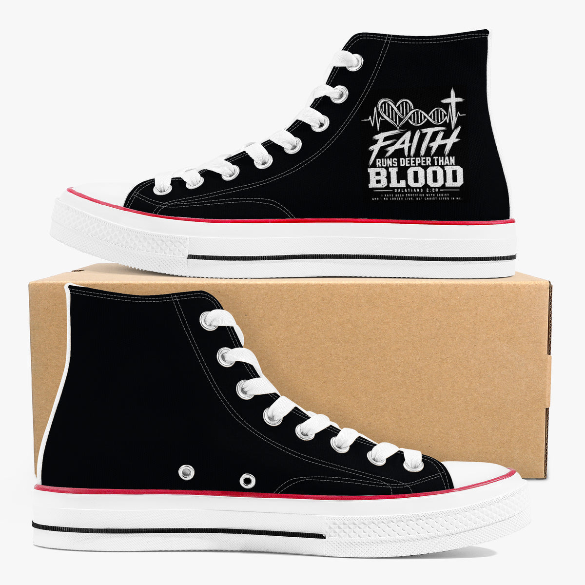 Faith Runs Deeper Than Blood unisex Christian high-top canvas sneakers, view 8