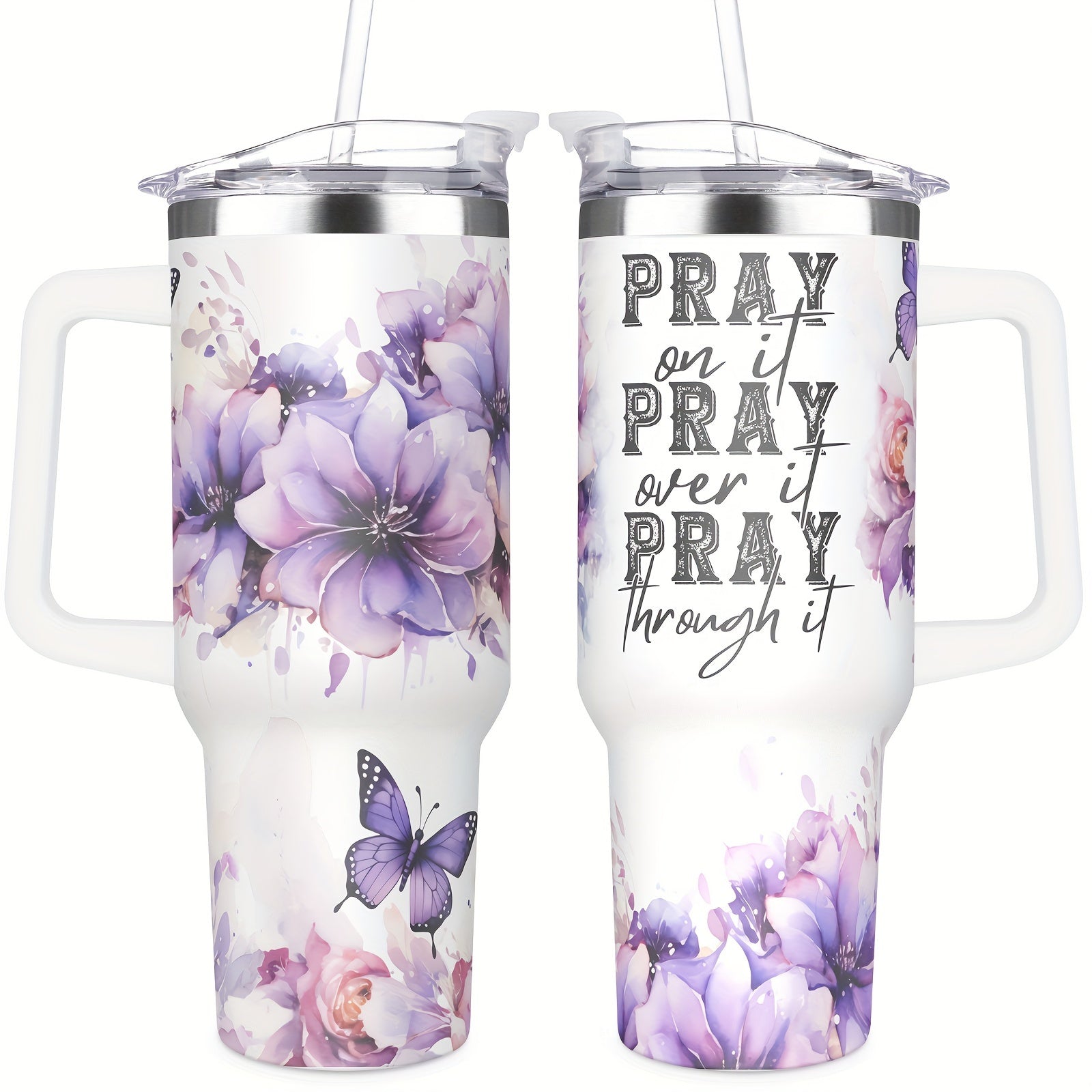 Faith/Pray On It/God's Timing Is Perfect Christian Tumbler 40Oz With Handle & Straw claimedbygoddesigns