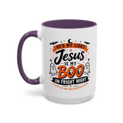 Christian Coffee Mug — "He's My Light, Jesus Is My Boo" Halloween Accent Mug