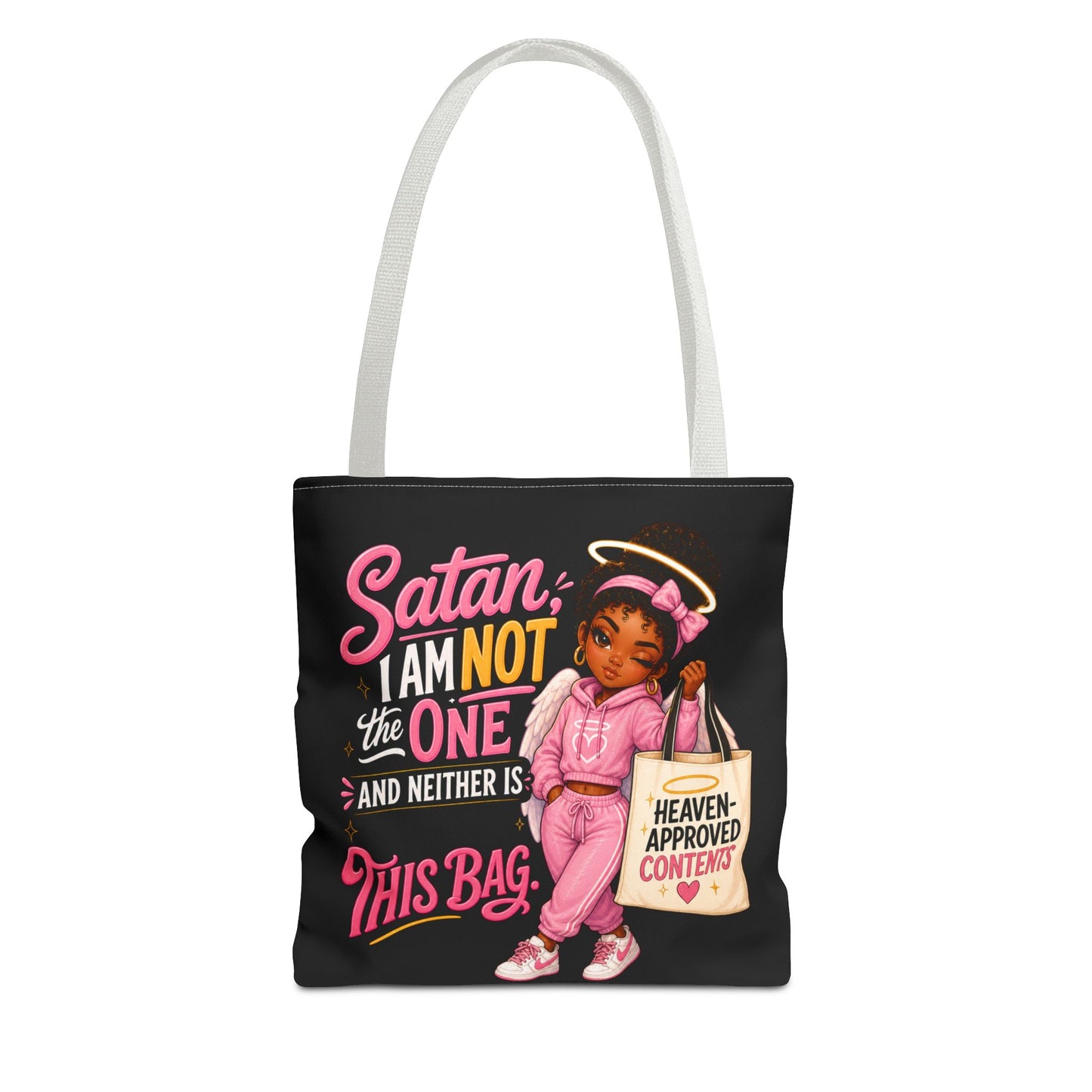 Tote Bag — "Satan I Am Not The One" Retro Angel Girl Tote (Heaven Approved Content) - ClaimedbyGodDesigns