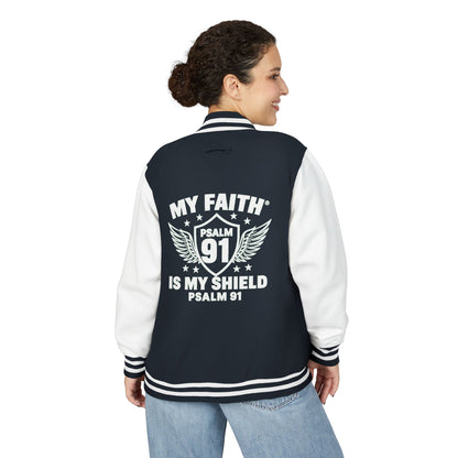 Letterman Jacket — “My Faith Is My Shield” 91 Vintage Varsity Jacket - ClaimedbyGodDesigns