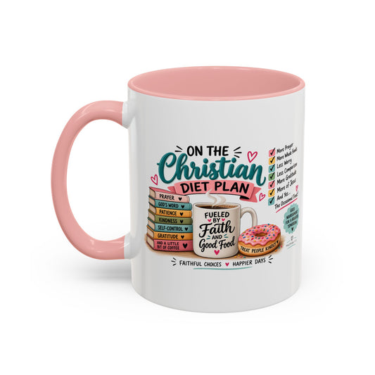 Accent Coffee Mug — "On the Christian Diet Plan: Fueled by Faith and Good Food"