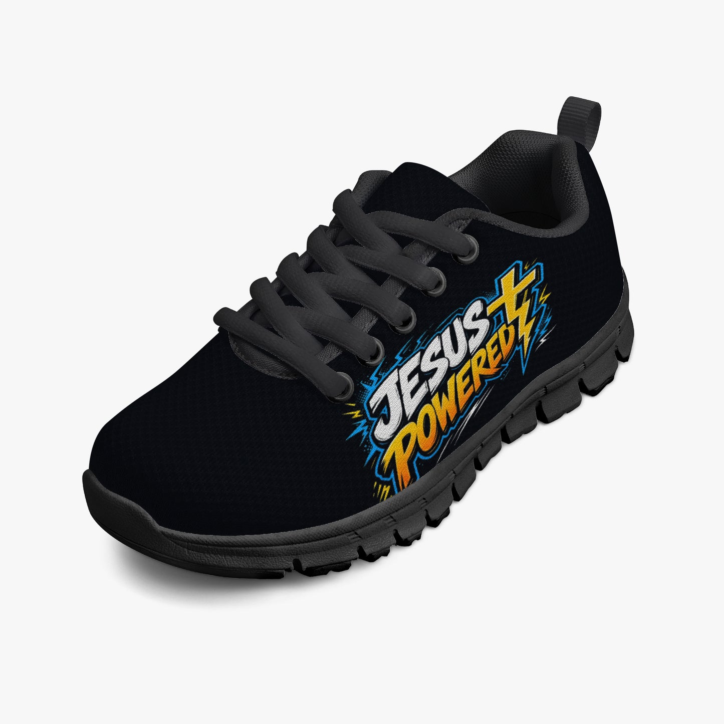 Jesus Powered Christian Kids' Lightweight Mesh Sneakers - Black - ClaimedbyGodDesigns