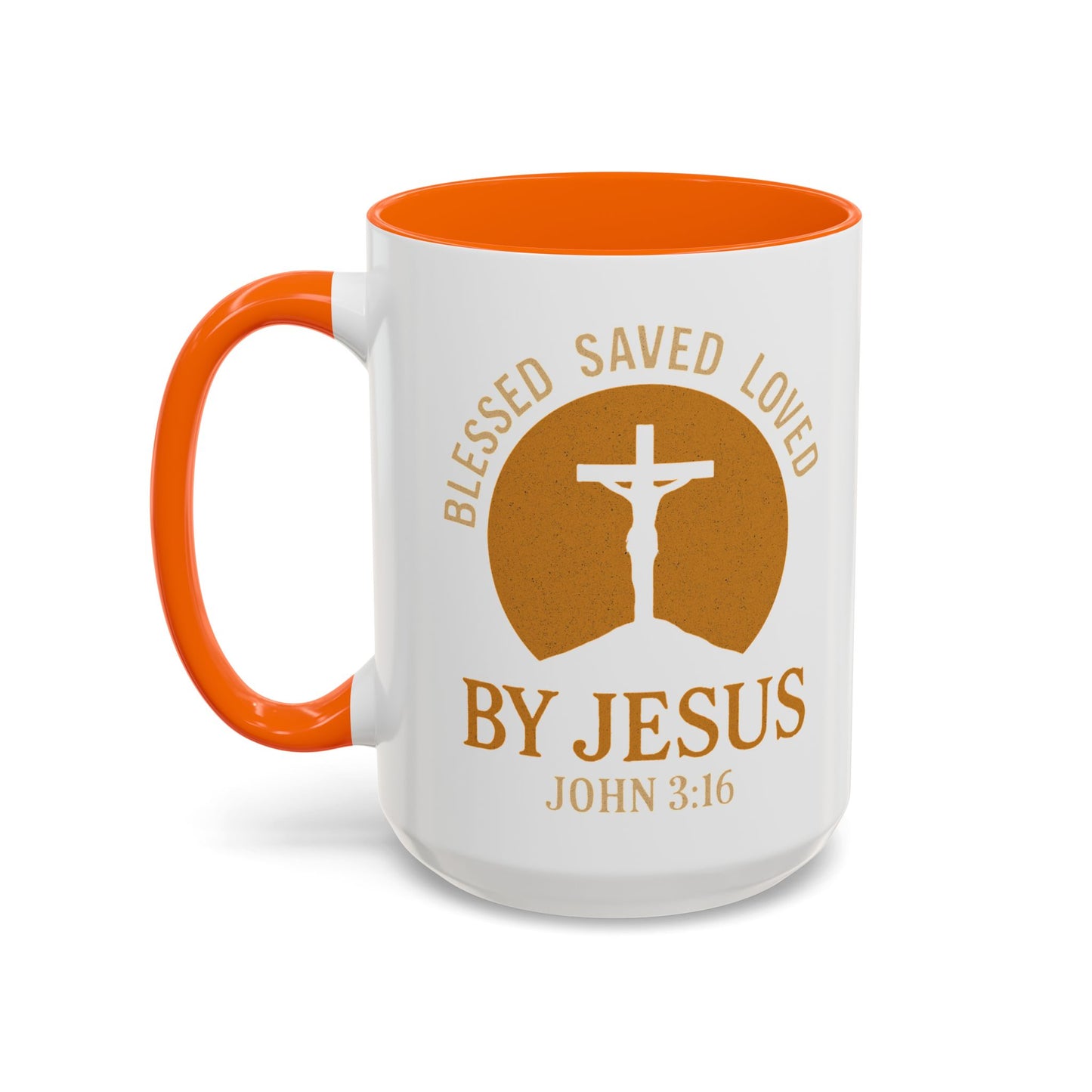 Inspirational Accent Coffee Mug - Blessed, Saved, Loved by Him | John 3:16