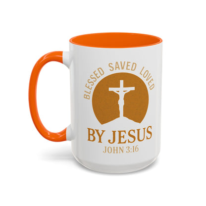 Inspirational Accent Coffee Mug - Blessed, Saved, Loved by Him | John 3:16