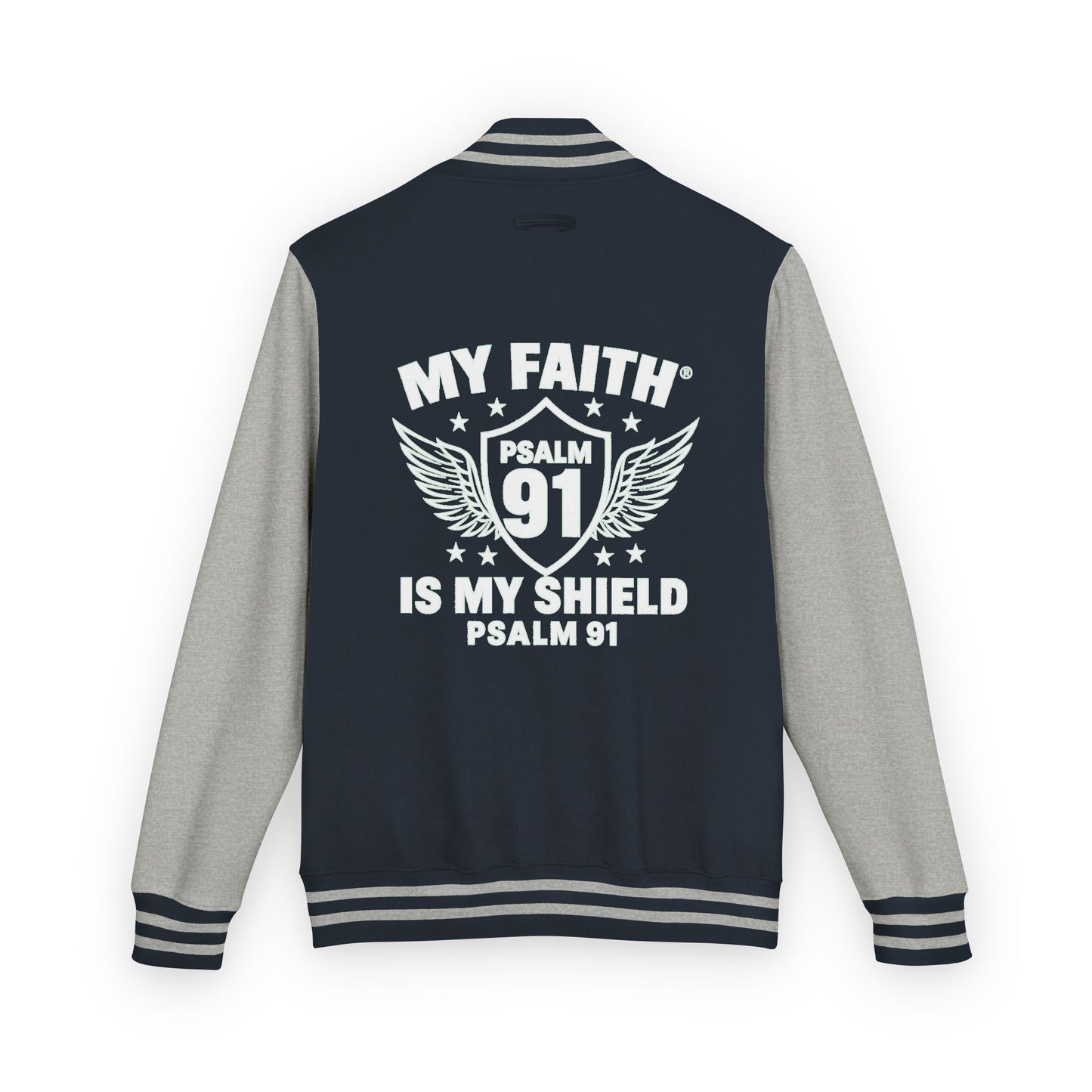 Letterman Jacket — “My Faith Is My Shield” 91 Vintage Varsity Jacket - ClaimedbyGodDesigns