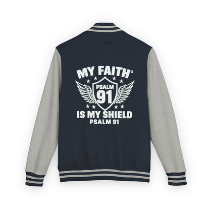 Letterman Jacket — “My Faith Is My Shield” 91 Vintage Varsity Jacket - ClaimedbyGodDesigns