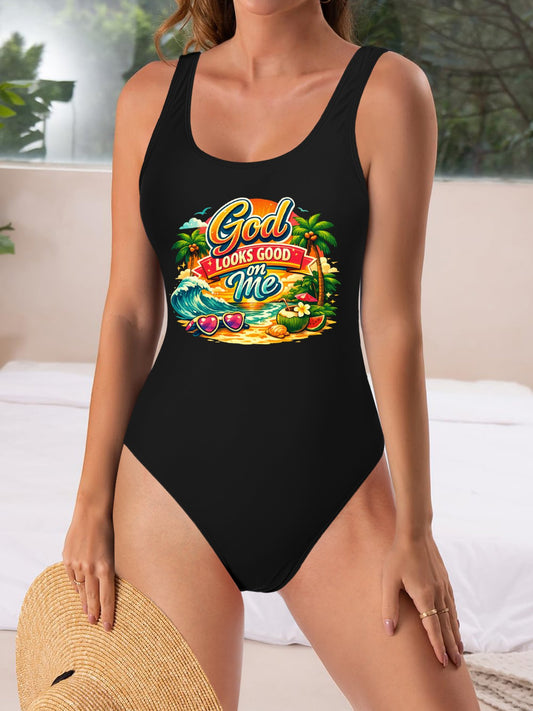 God Looks Good On Me  Athletic Strap One-Piece Christian Swimsuit for Women