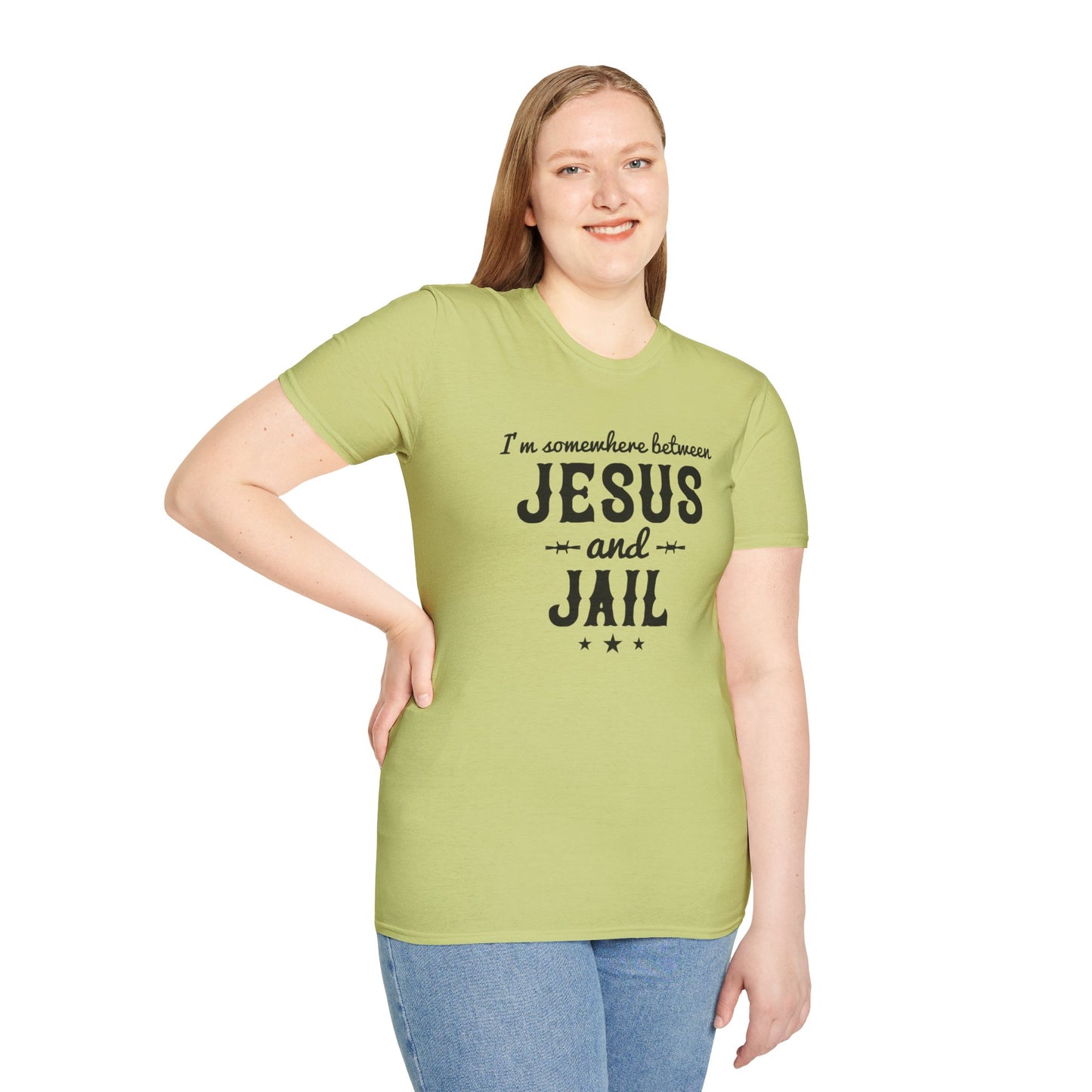 I'm Somewhere Between Jesus And Jail Funny Unisex Christian T-shirt