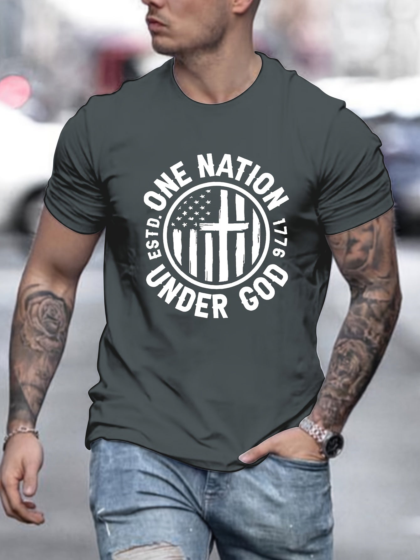 One Nation Under God Patriotic American Flag Men's Christian T-shirt claimedbygoddesigns