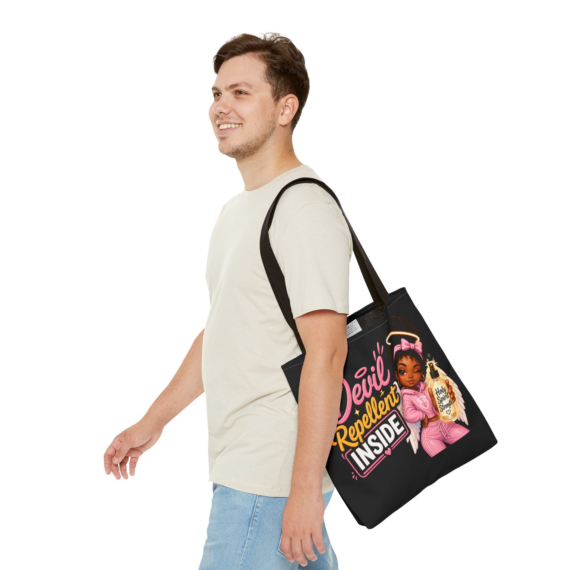 Tote Bag - "Devil Repellent Inside" Angel Girl Graphic Tote | Cute Protective Faith Gift - ClaimedbyGodDesigns