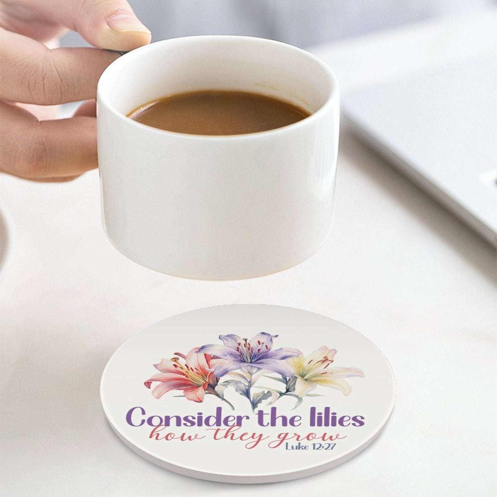 Consider The Lilies Christian Round Ceramic Coaster - ClaimedbyGodDesigns