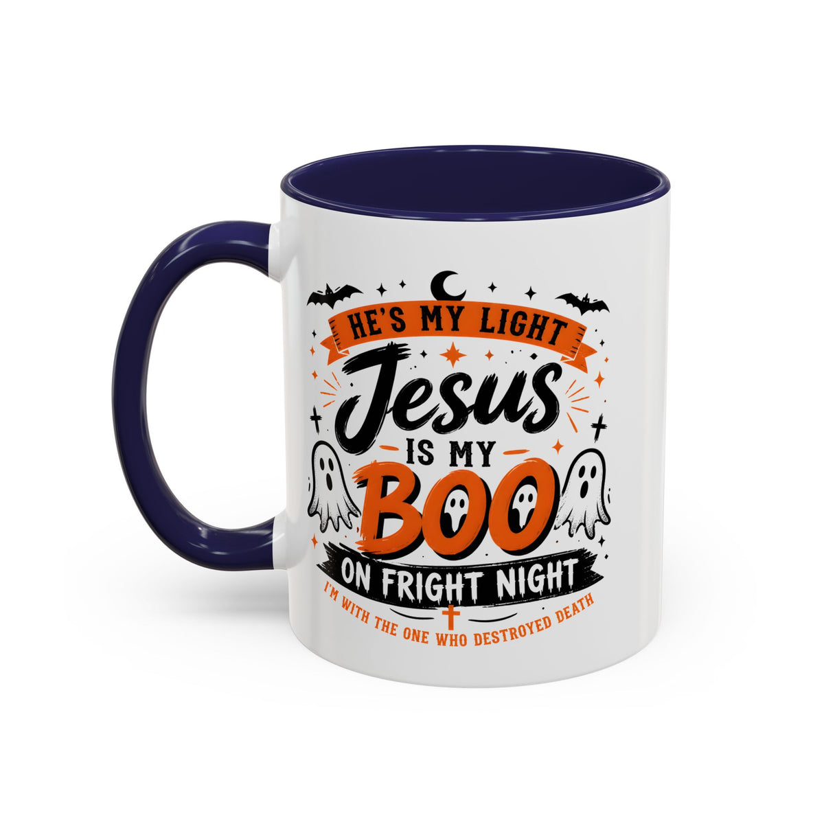 Christian Coffee Mug — "He's My Light, Jesus Is My Boo" Halloween Accent Mug